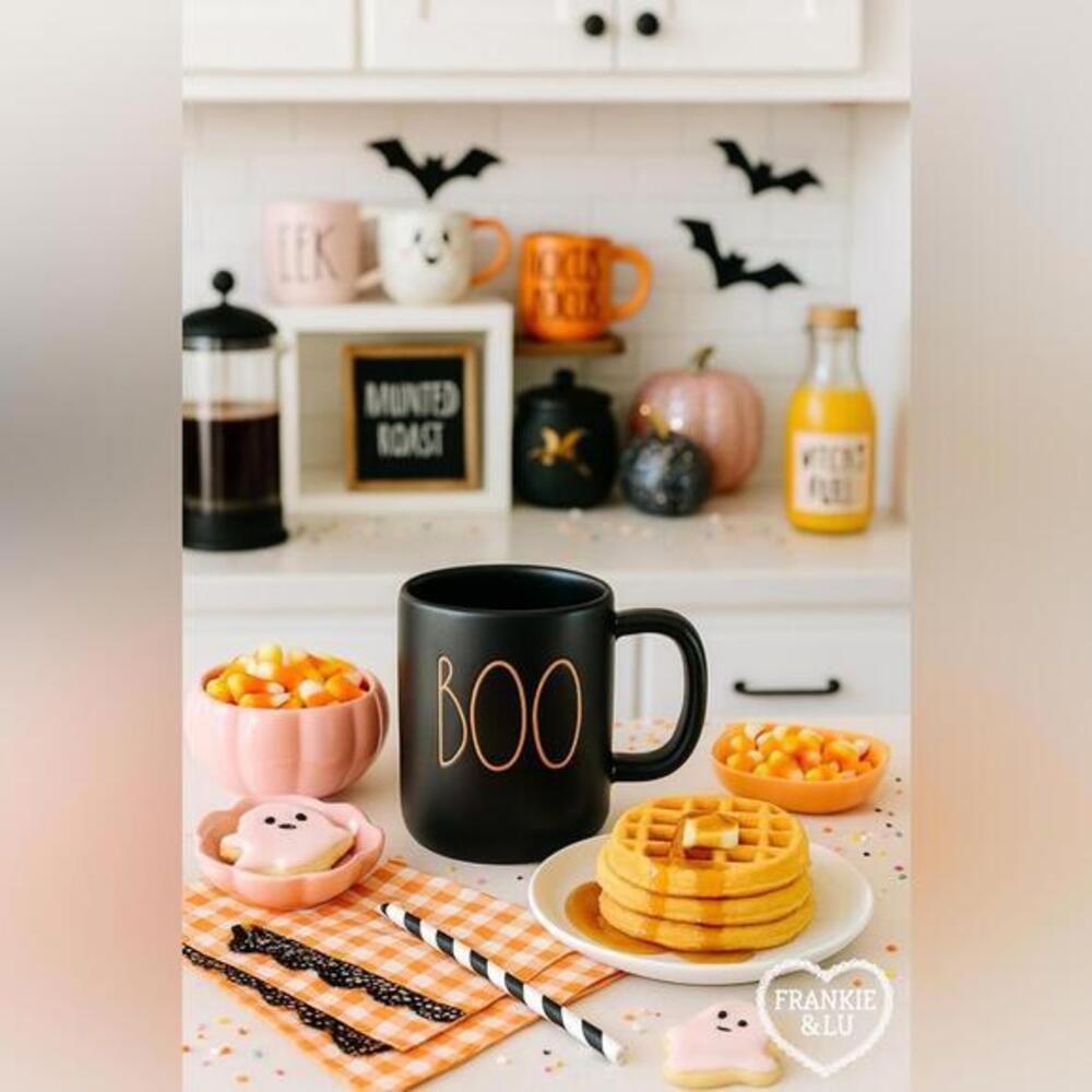 Rae Dunn BOO Halloween Mug Matte Black Orange Coffee Cup NWT
